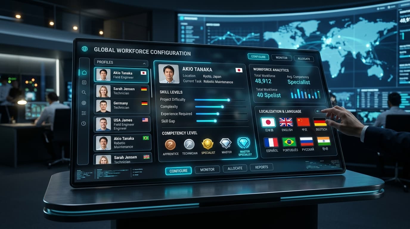 Global Workforce Configuration Console showing multi-language localization flags, trade proficiency tier gauges