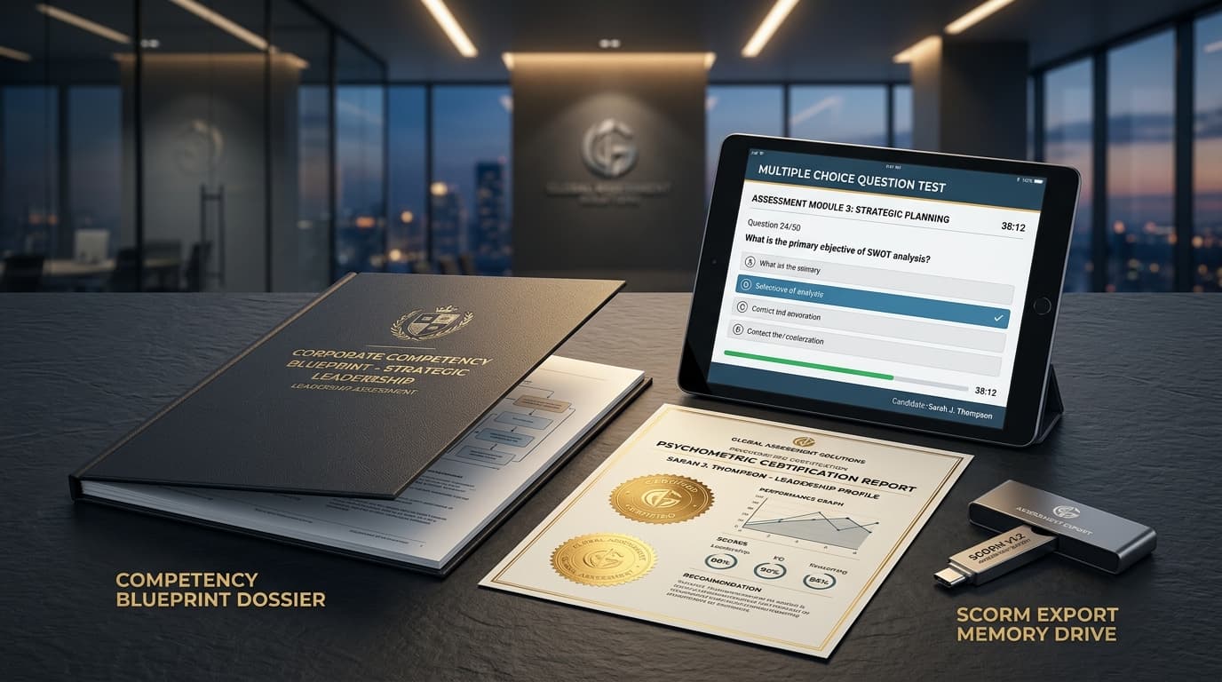 Premium corporate assessment package showing Competency Blueprint dossier, live tablet MCQ test, Psychometric Certification Report with gold seal, and SCORM drive