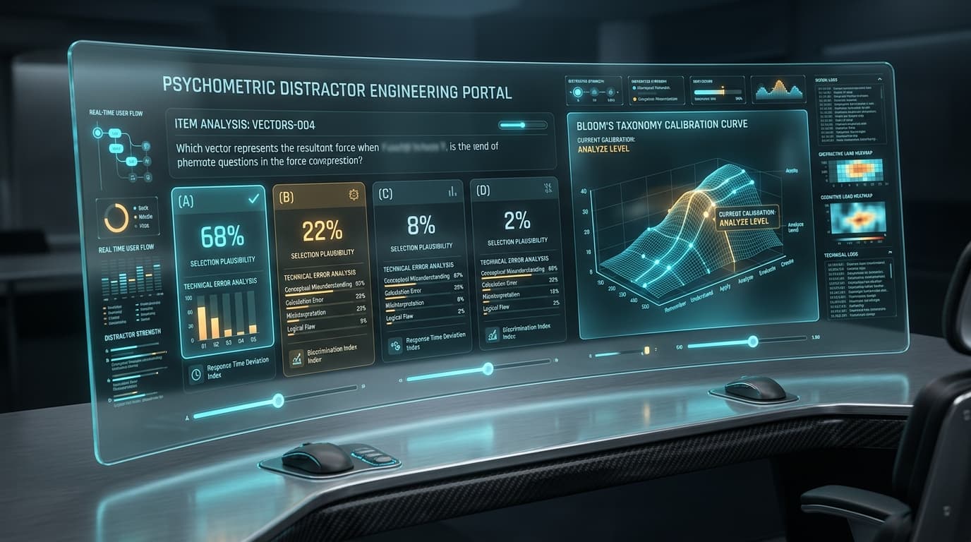 Psychometric Distractor Engineering Portal showing Bloom calibration curve and item selection plausibility