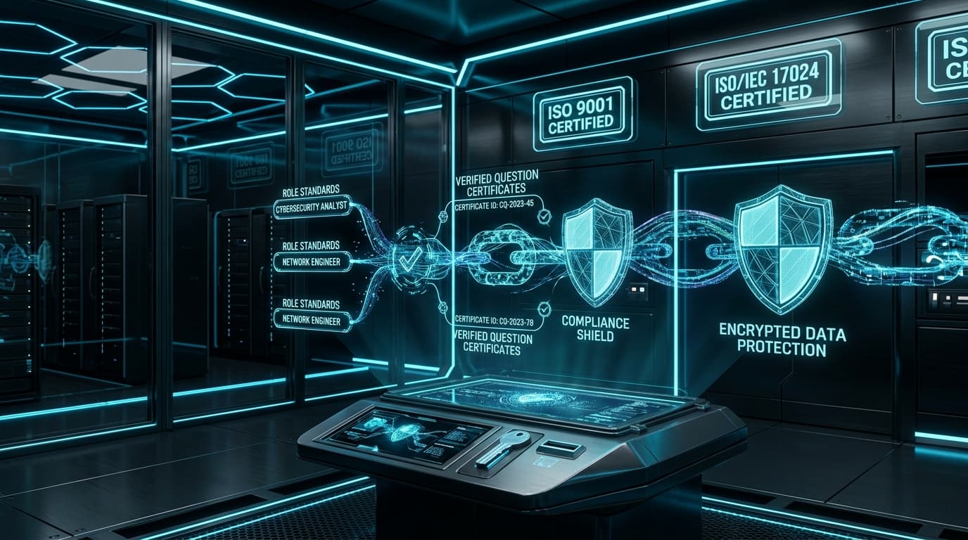 Cybersecurity governance vault showing ISO 9001 and ISO/IEC 17024 certifications, verified question certificates, and cryptographic chain