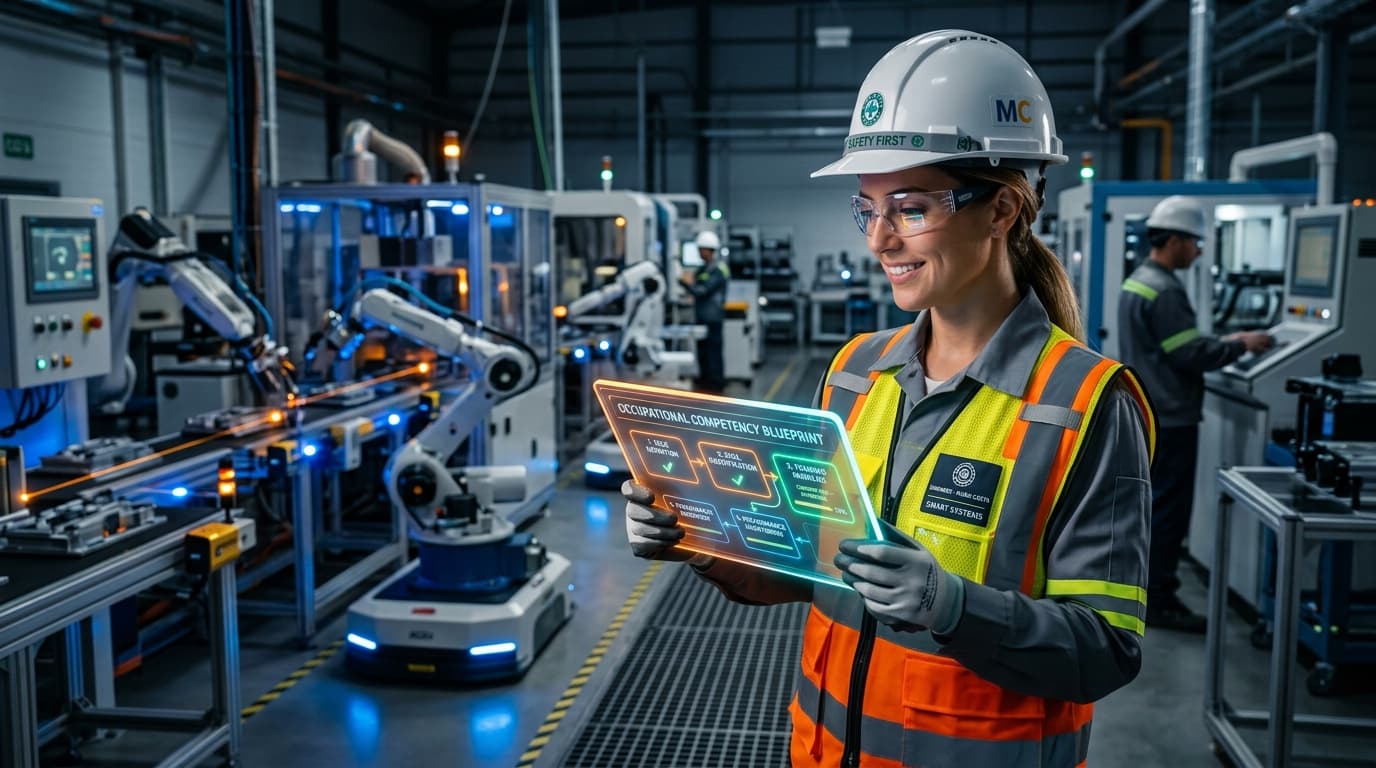 Industrial engineer holding tablet with occupational competency blueprint