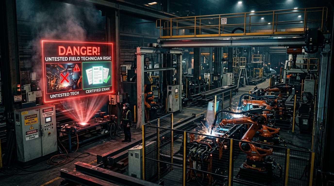 High-risk manufacturing facility highlighting untested field technician danger vs certified exam