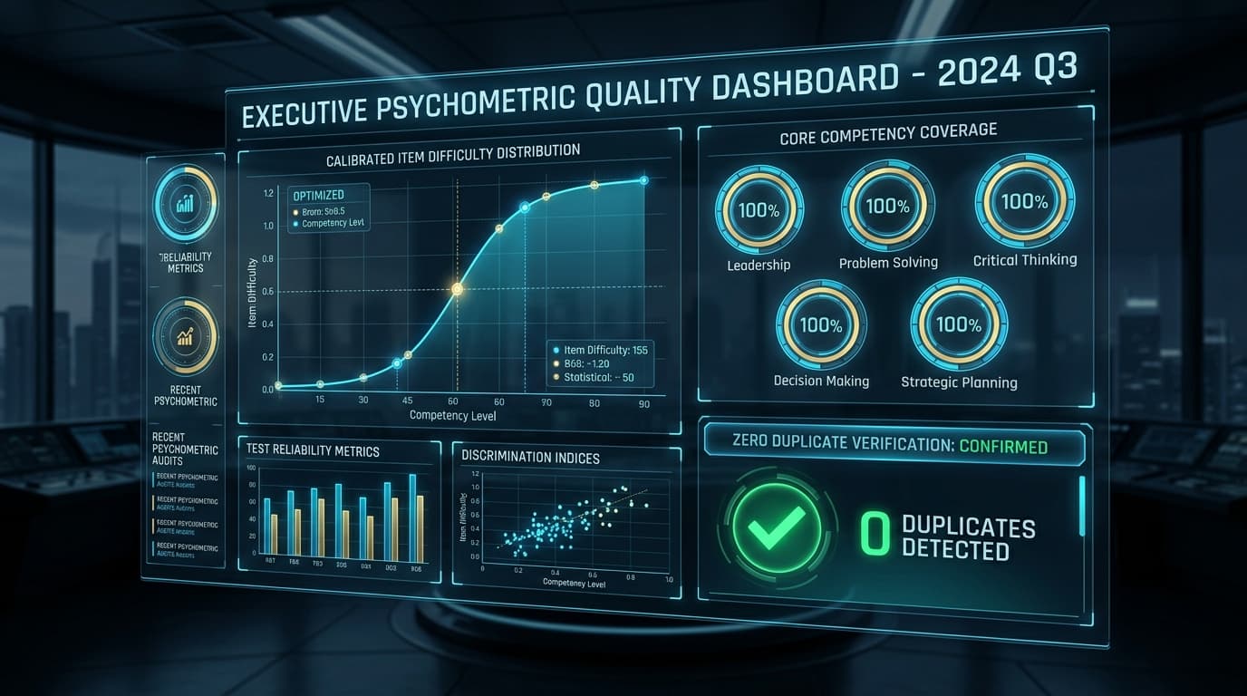 Executive psychometric quality dashboard showing calibrated item difficulty distribution, core competency coverage, and zero duplicate verification confirmed