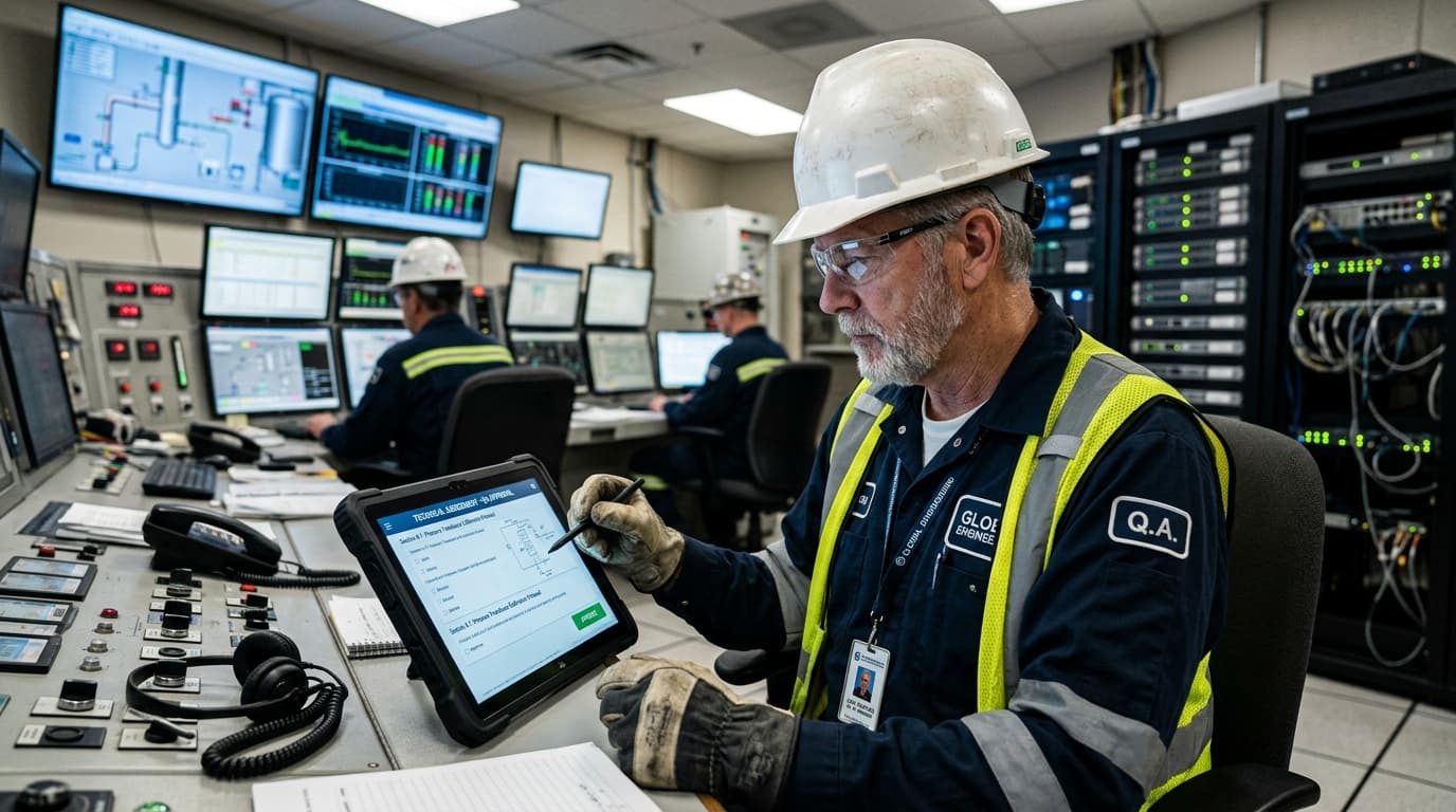 Senior QA engineer in plant control room approving technical question on ruggedized tablet