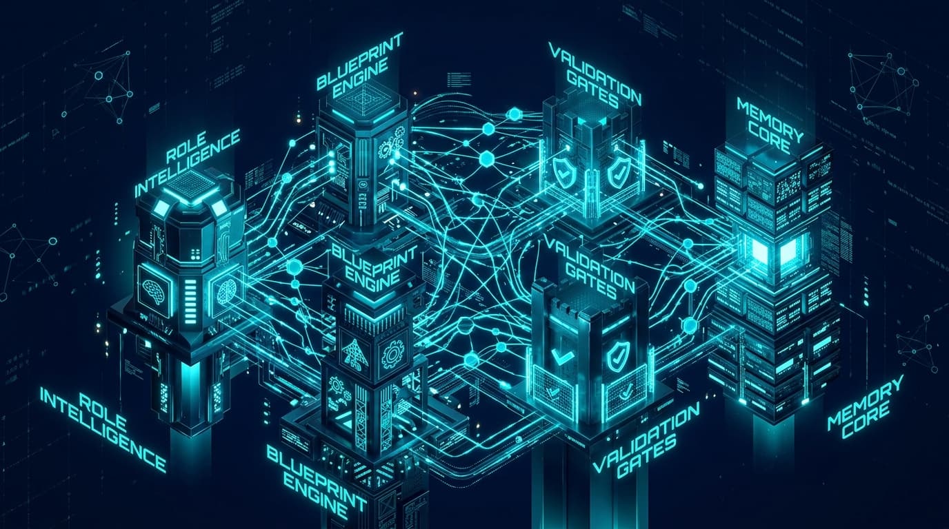 Futuristic 3D architecture showing Role Intelligence, Blueprint Engine, Validation Gates, and Memory Core