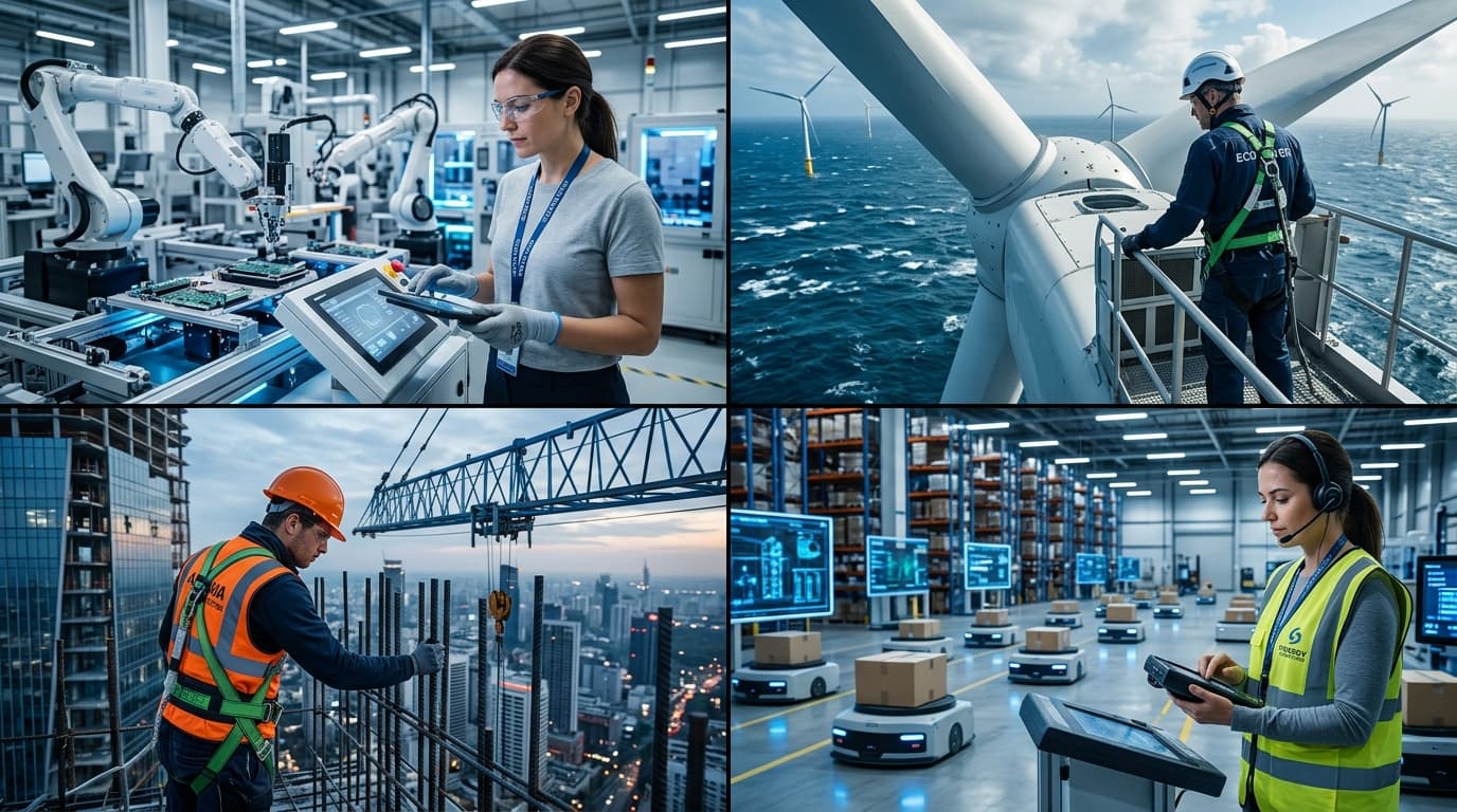Diverse industries: Advanced robotics manufacturing, offshore wind energy, high-rise construction, and automated logistics